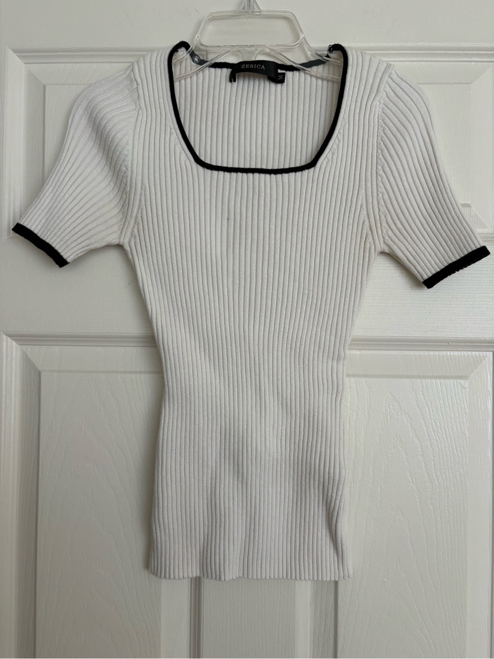 White Ribbed Square Neck Top with Black Trim
